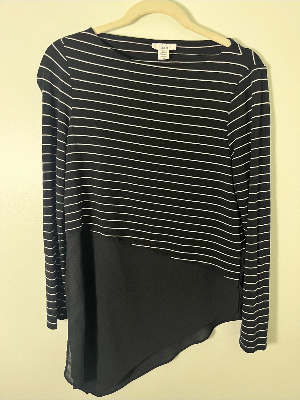 Bar III Black and White Striped Layered Asymmetric Long-Sleeve Top
